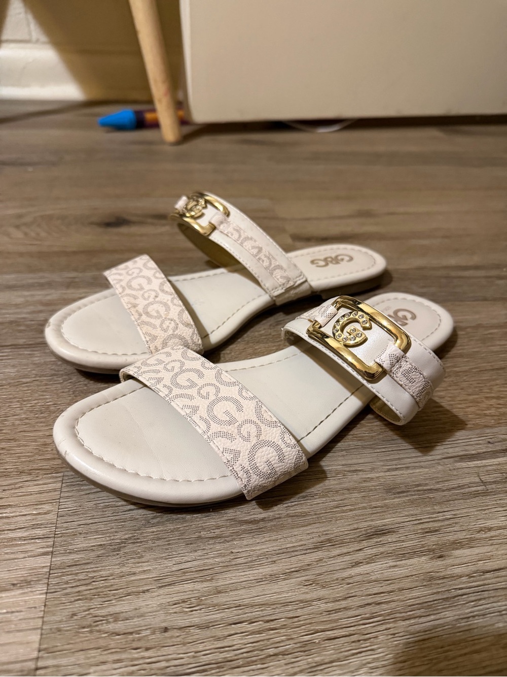 Womens Cream Slide Sandals with Gold Buckle